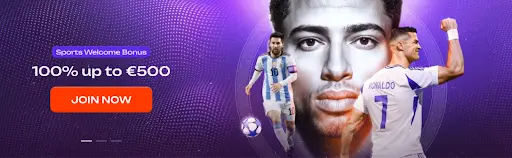 Bannière promotionnelle avec bonus de bienvenue sportif offrant 100 % jusqu’à 500 €, mettant en scène des joueurs de football et un bouton rejoindre maintenant