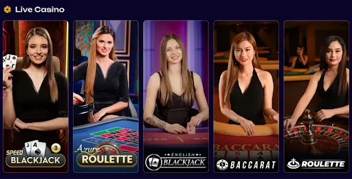 Sélection de jeux de casino en direct avec croupières professionnelles pour le blackjack, la roulette et le baccarat dans un studio élégant