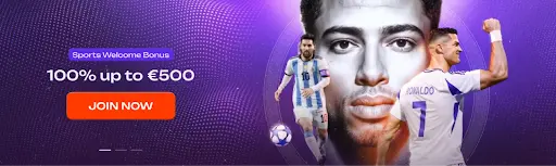 Bannière de bonus de bienvenue sportif avec une offre 100 % jusqu’à 500 € et des stars du football en action