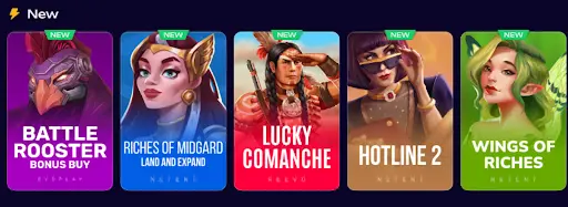 section nouveautés avec machines à sous récentes, incluant Battle Rooster Bonus Buy, Riches of Midgard, Lucky Comanche, Hotline 2 et Wings of Riches